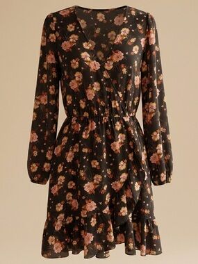 Abound Floral Long Sleeve Mini Dress Ruffle Hem - Boho Cottagecore V-Neck XL